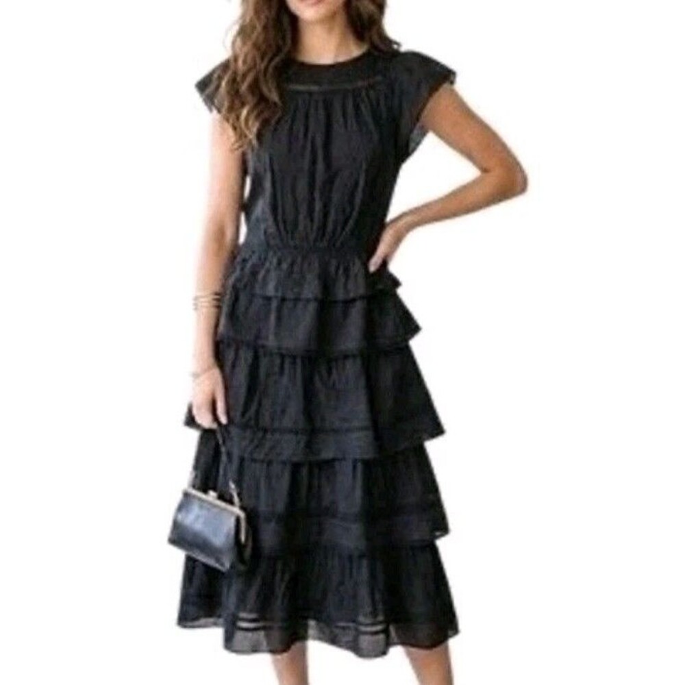 Women's Banana Republic Selene Midi Dress Embroidered Ruffle Tiered L EUC